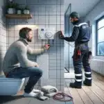 Electrician and homeowner checking a bathroom floor heating thermostat in norway