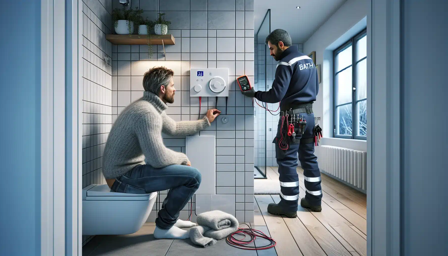 Slik finner du årsaken til feil på varmekabler 3 Electrician and homeowner checking a bathroom floor heating thermostat in norway