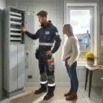 Electrician explaining single phase and three phase circuits in a norwegian home panel