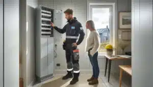 Electrician explaining single phase and three phase circuits in a norwegian home panel