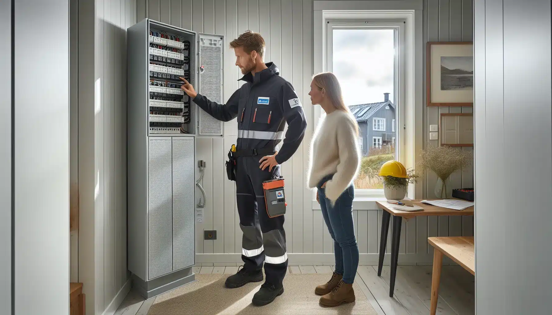 Electrician explaining single phase and three phase circuits in a norwegian home panel