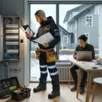 Elektriker jobber i sikringsskap mens el installat r planlegger med tegninger ved bord