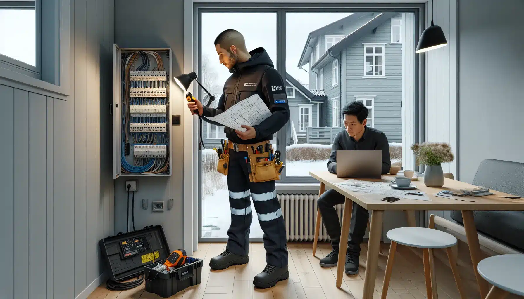 Elektriker jobber i sikringsskap mens el installat r planlegger med tegninger ved bord