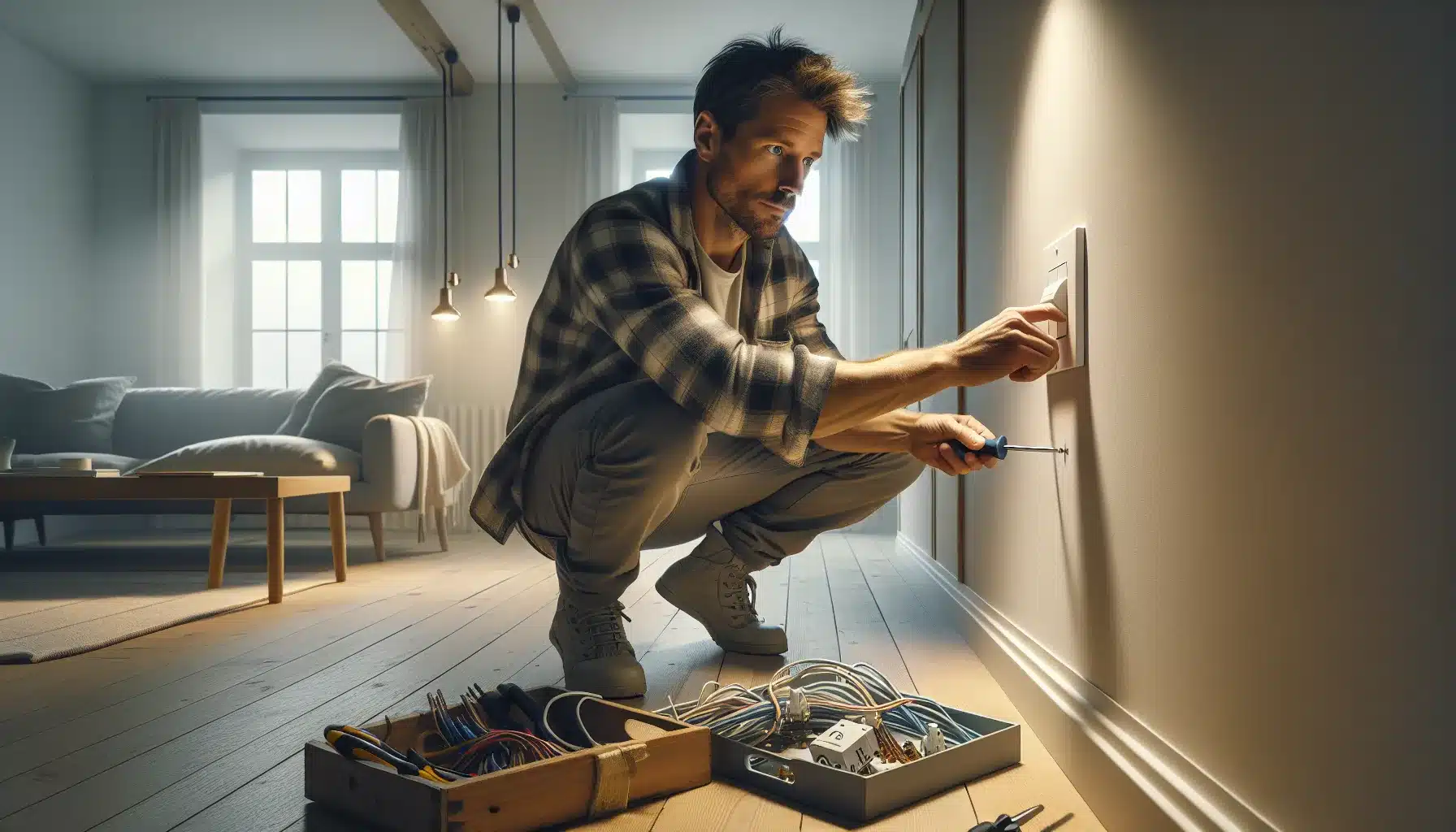 Man installing a dimmer switch in a modern norwegian living room with cozy lighting