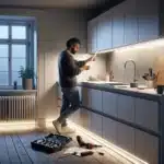 Hvordan installere underbelysning på kjøkkenet 4 Man installing led under cabinet lighting in a modern norwegian kitchen at evening