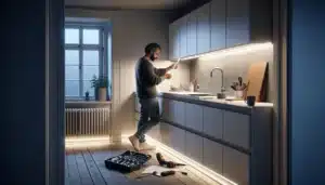 Man installing led under cabinet lighting in a modern norwegian kitchen at evening