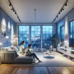 Slik kan moderne belysning forbedre hjemmet ditt 7 Modern norwegian living room with layered smart led lighting and relaxed couple