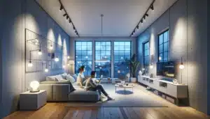Modern norwegian living room with layered smart led lighting and relaxed couple