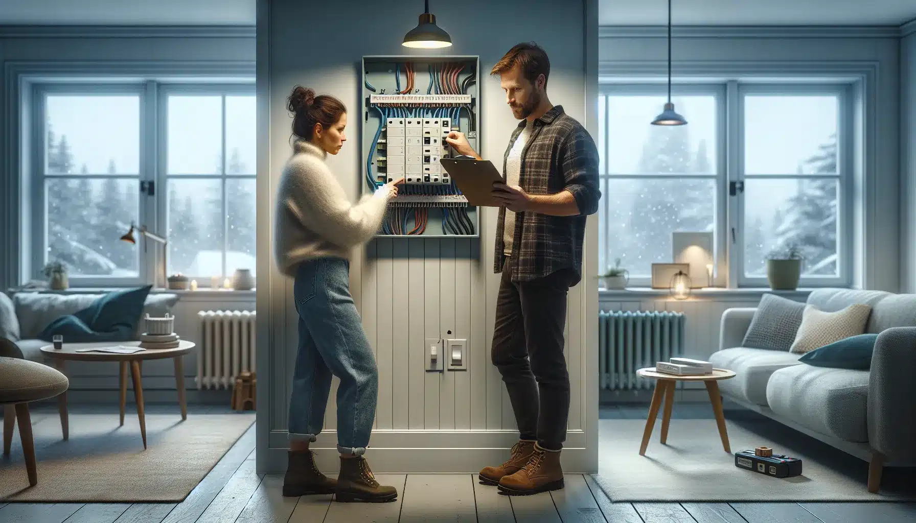 Hvordan unngå strømbrudd med riktig vedlikehold 3 Norwegian couple checking a modern electrical panel to prevent home power outages