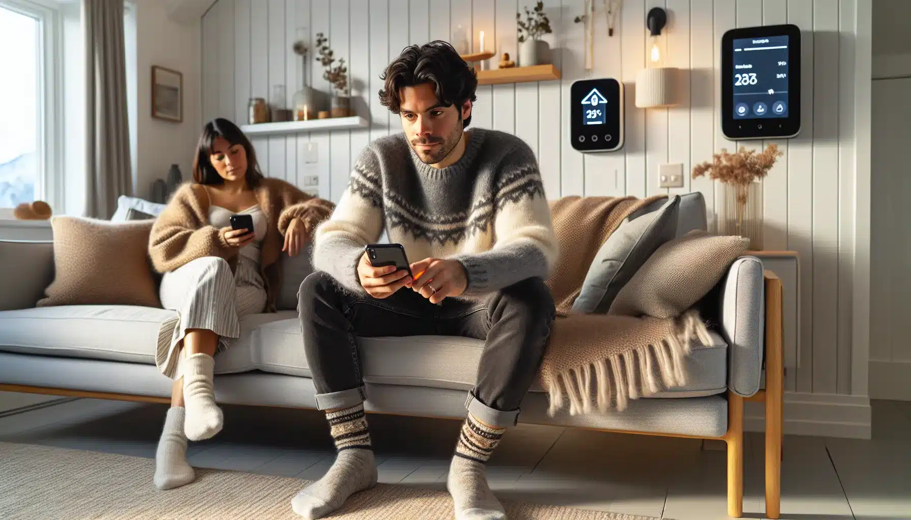 Norwegian couple using a smartphone to control smart heating in a cozy winter home
