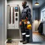 Norwegian electrician inspecting an open modern fuse box in a home hallway
