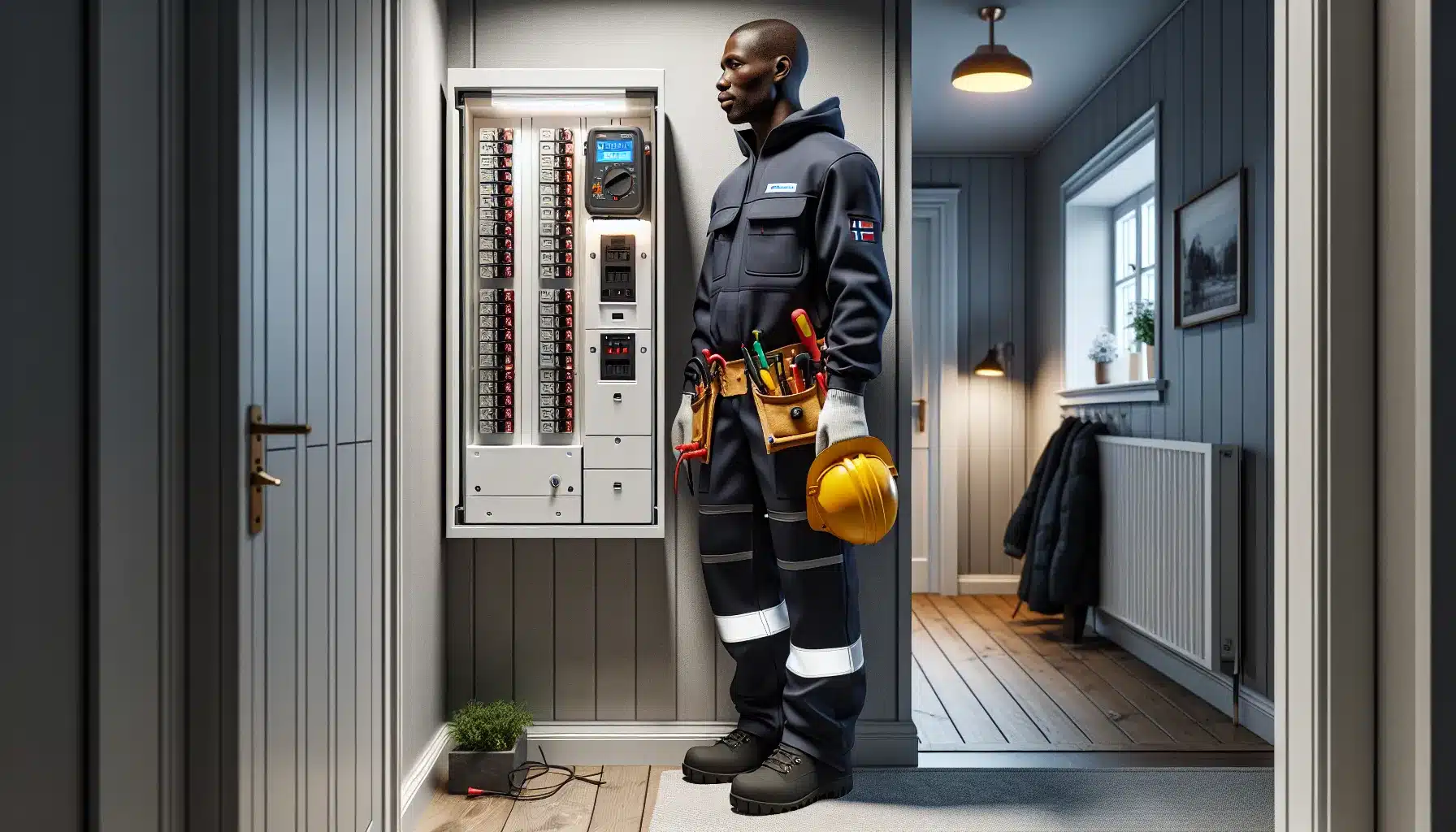 Fordelene med regelmessig vedlikehold av sikringsskapet 3 Norwegian electrician inspecting an open modern fuse box in a home hallway