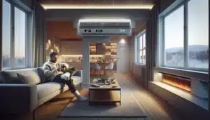 Norwegian family living room with heat pump panel heater and smart floor heating