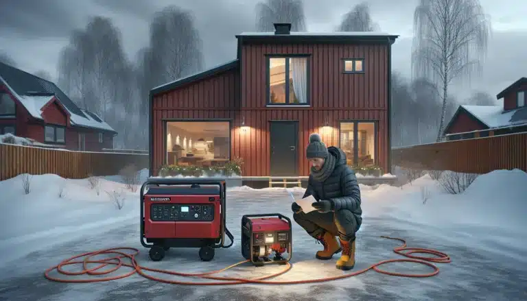 Norwegian homeowner comparing two generators outside a snowy house during winter power outage