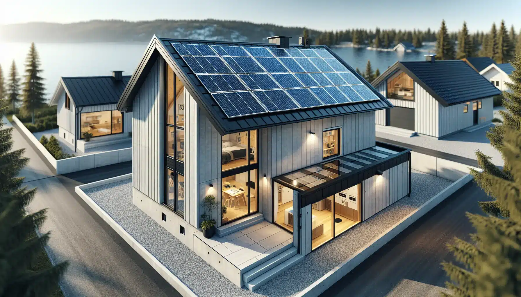 Norwegian house with rooftop solar panels feeding an inverter and home electrical system