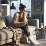 Woman in a cozy norwegian living room checking an app to reduce electricity use