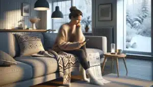 Woman in a cozy norwegian living room checking an app to reduce electricity use